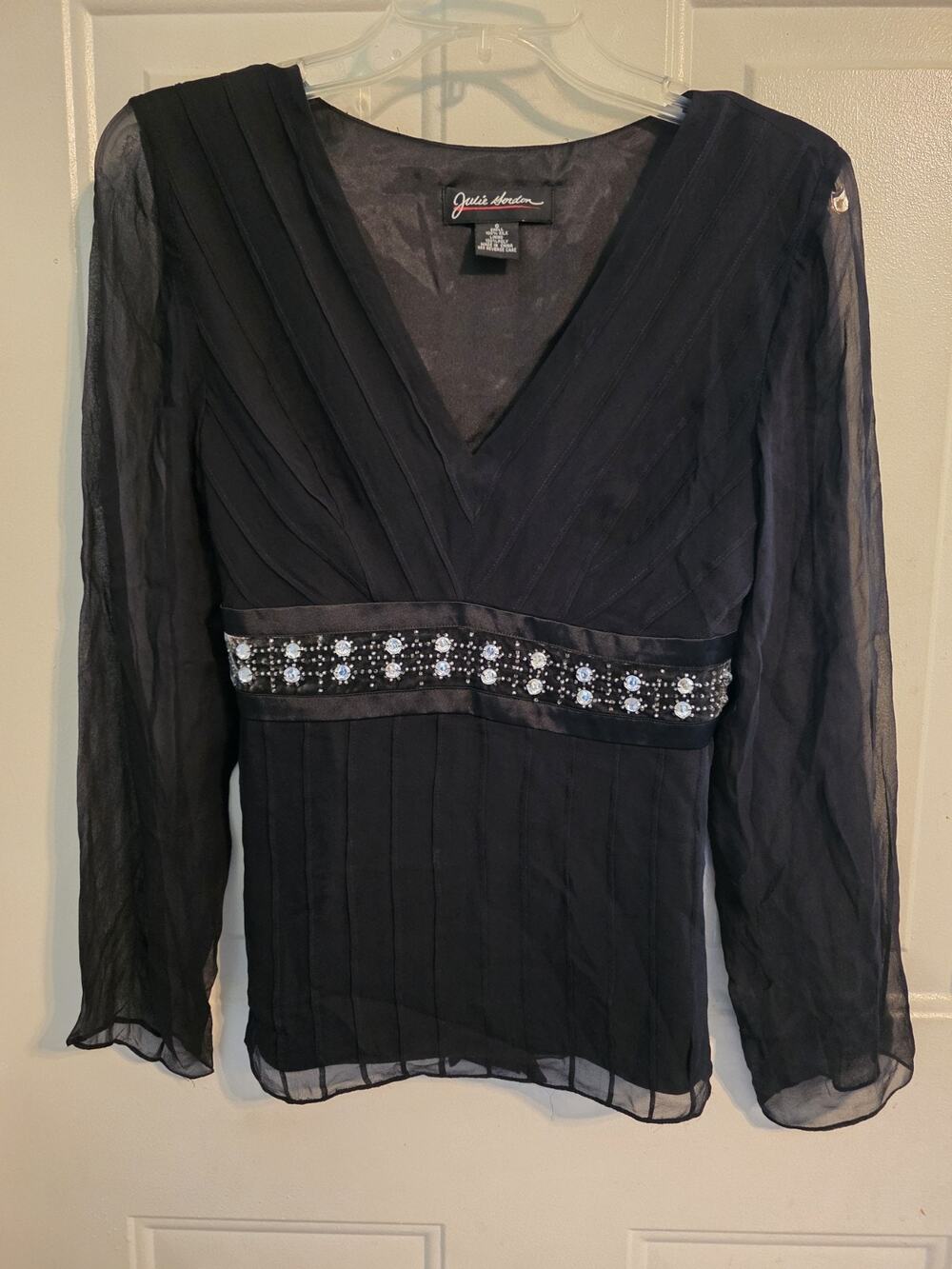Vtg Julie Gordon Y2K Black Silk Empire Waist Top Beaded Back Tie Whimsigoth  S